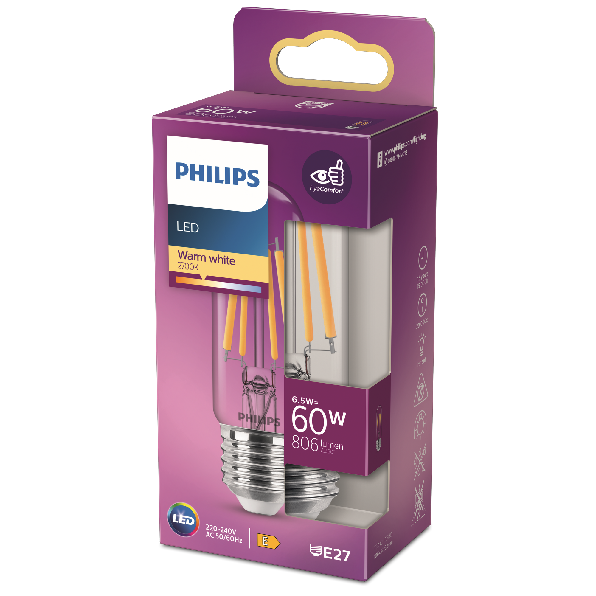 Philips LED-Leuchtmittel Filament Stabform T30 E27 6,5W warmweiß Bild 2