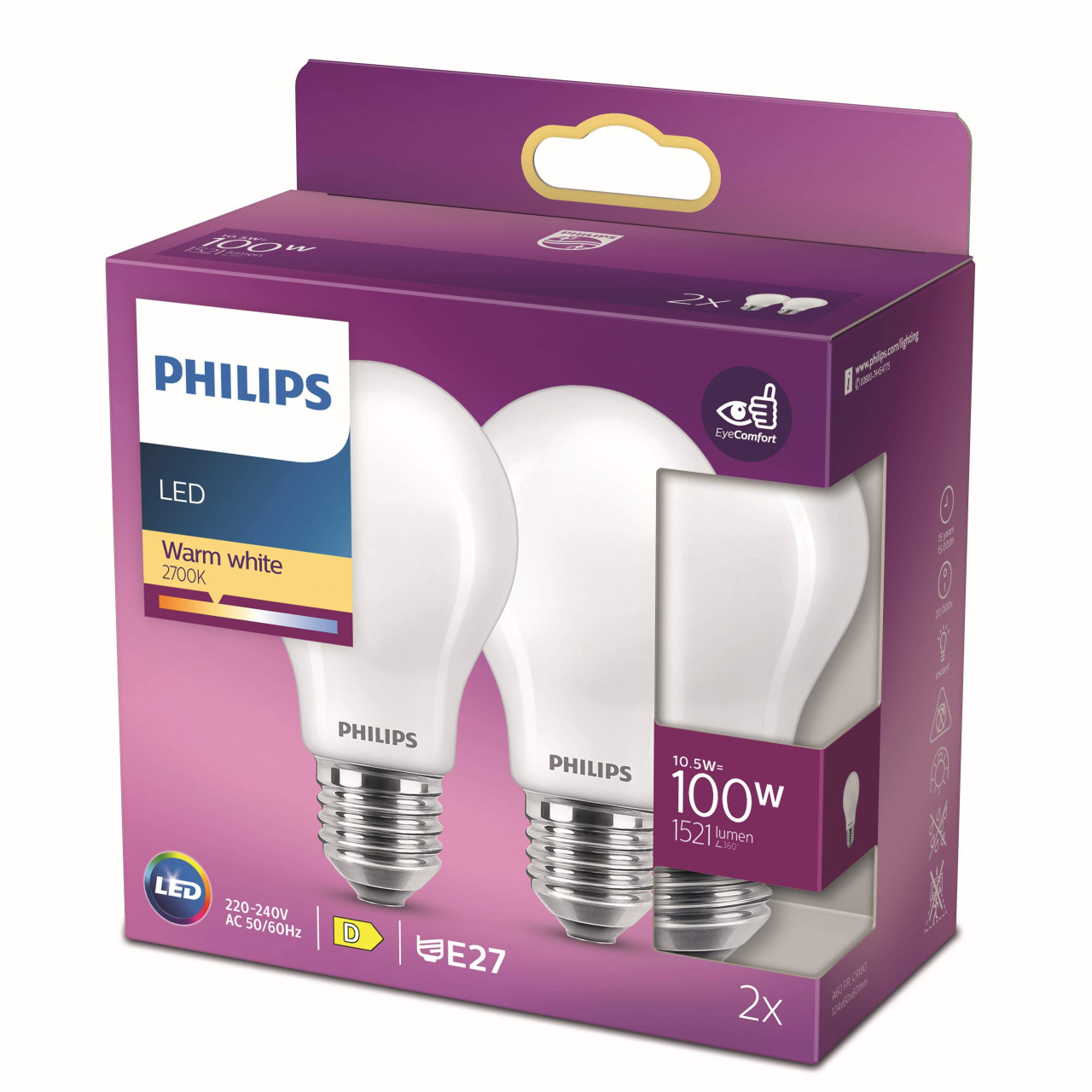 Philips LED-Leuchtmittel Birnenform A60 E27 10,5W warmweiß 2er Pack Bild 2