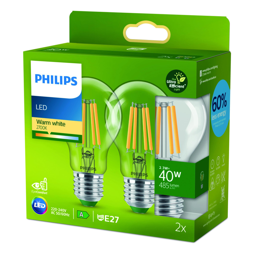 Philips LED-Leuchtmittel A60 E27 4W klar 2e Pack