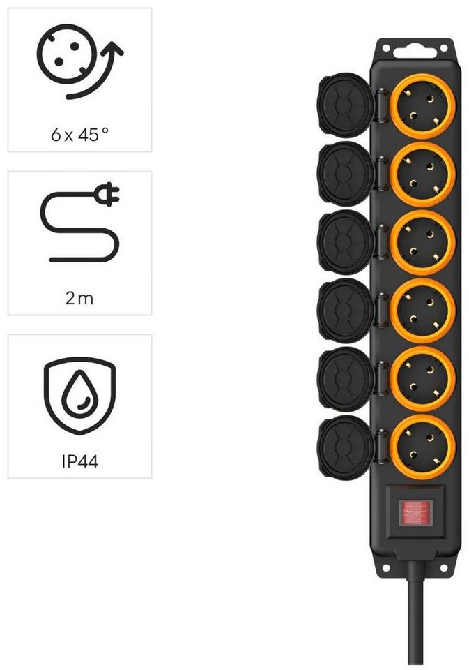 Hama Steckdosenleiste 6-Fach für Außen IP44 Schalter Wandmontage Schwarz 2 m Bild 4