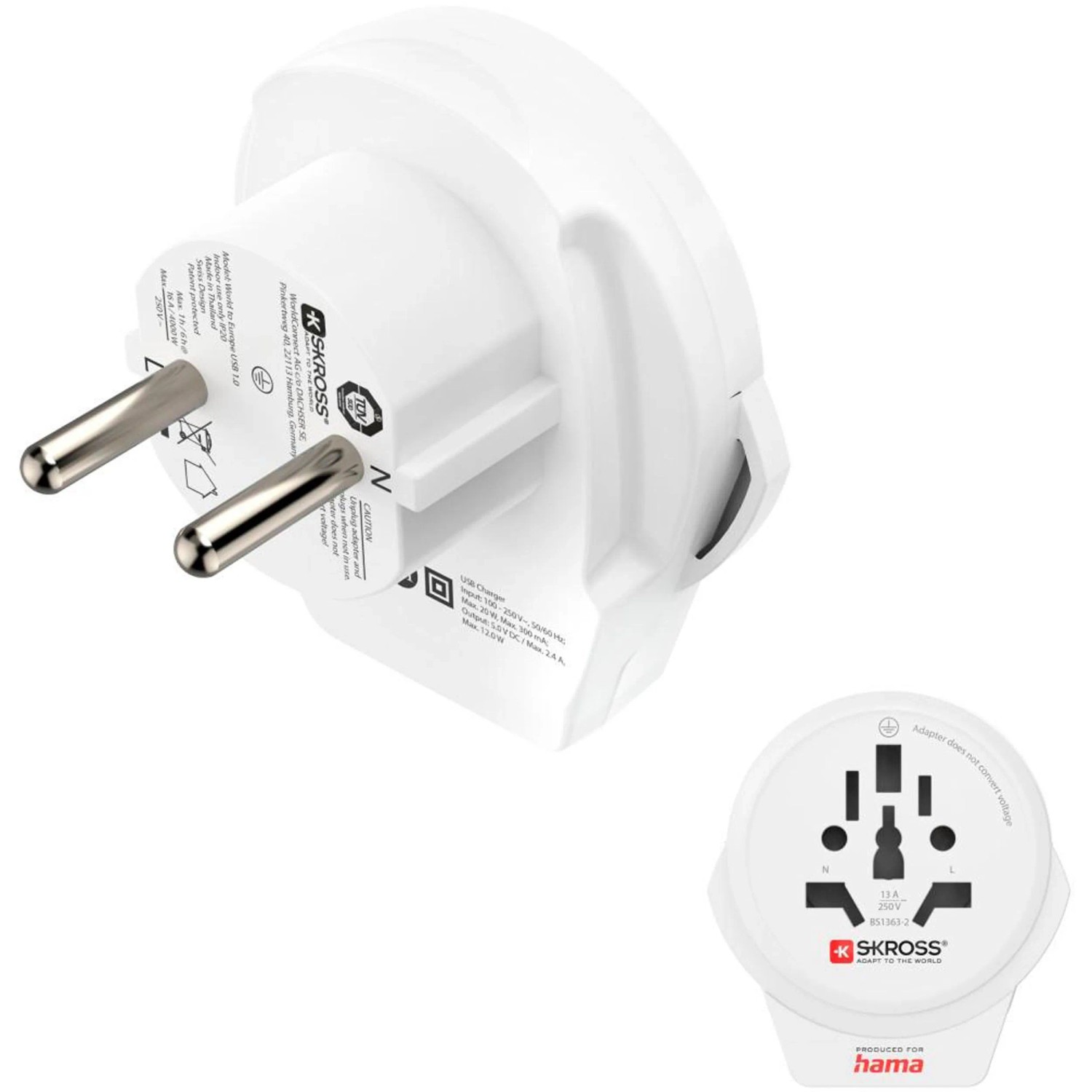 Hama Reiseadapter World to Europe USB für 2- und 3-polige Geräte 1 x USB Weiß