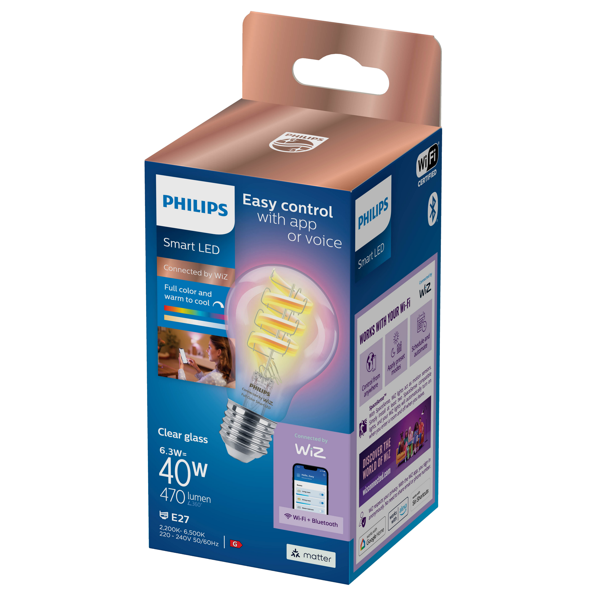 Philips Smart-LED-Leuchtmittel E27 Standardform 40 W 470,m RGB 6 x 10,8 cm Bild 2