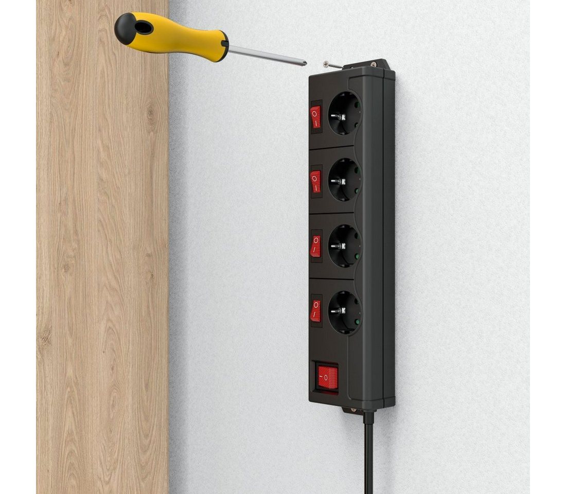 Steckdosenleiste 4-fach, 90° einzeln schaltbar Wandmontage 1,4 m Schwarz