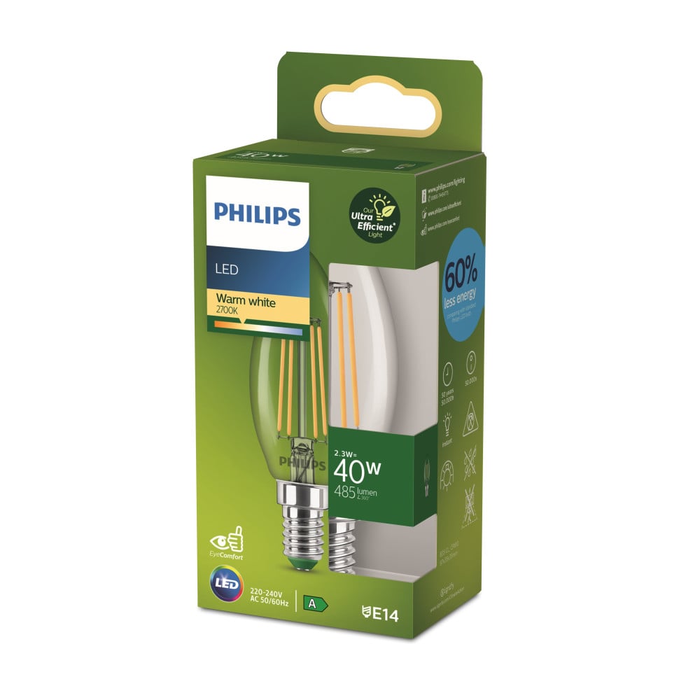 Philips LED-Leuchtmittel E14 Kerzenform 2,3 W 485,m 9,7 x 3,5 cm Klar Bild 2