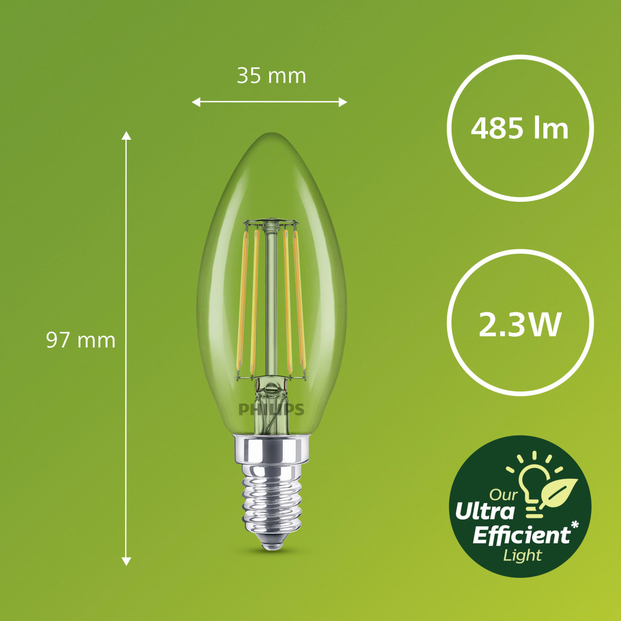 Philips LED-Leuchtmittel E14 Kerzenform 2,3 W 485,m 9,7 x 3,5 cm Klar Bild 3