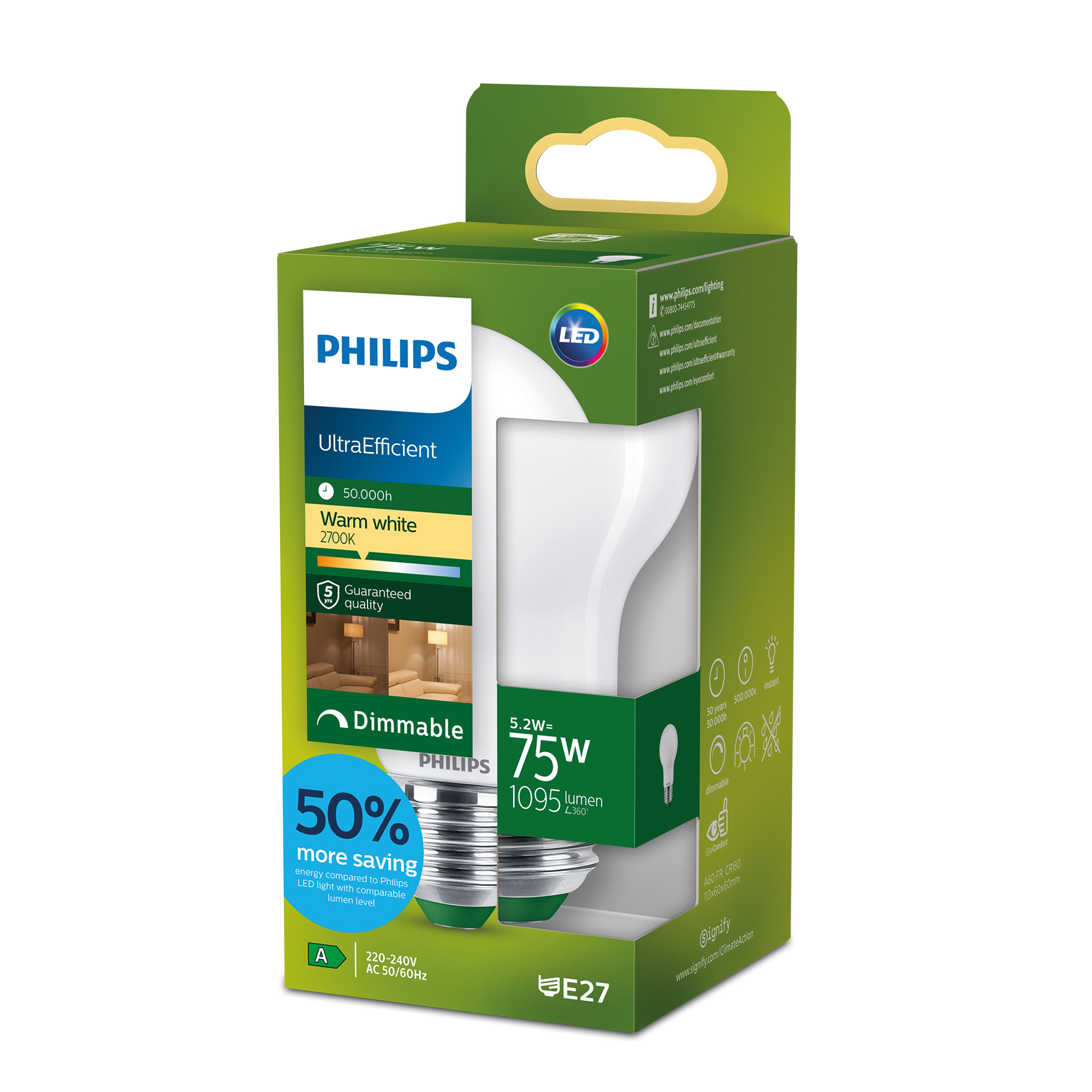 Philips LED-Leuchtmittel dimmbar Tropfen matt E27 5,2 W 1095 lm warmweiß