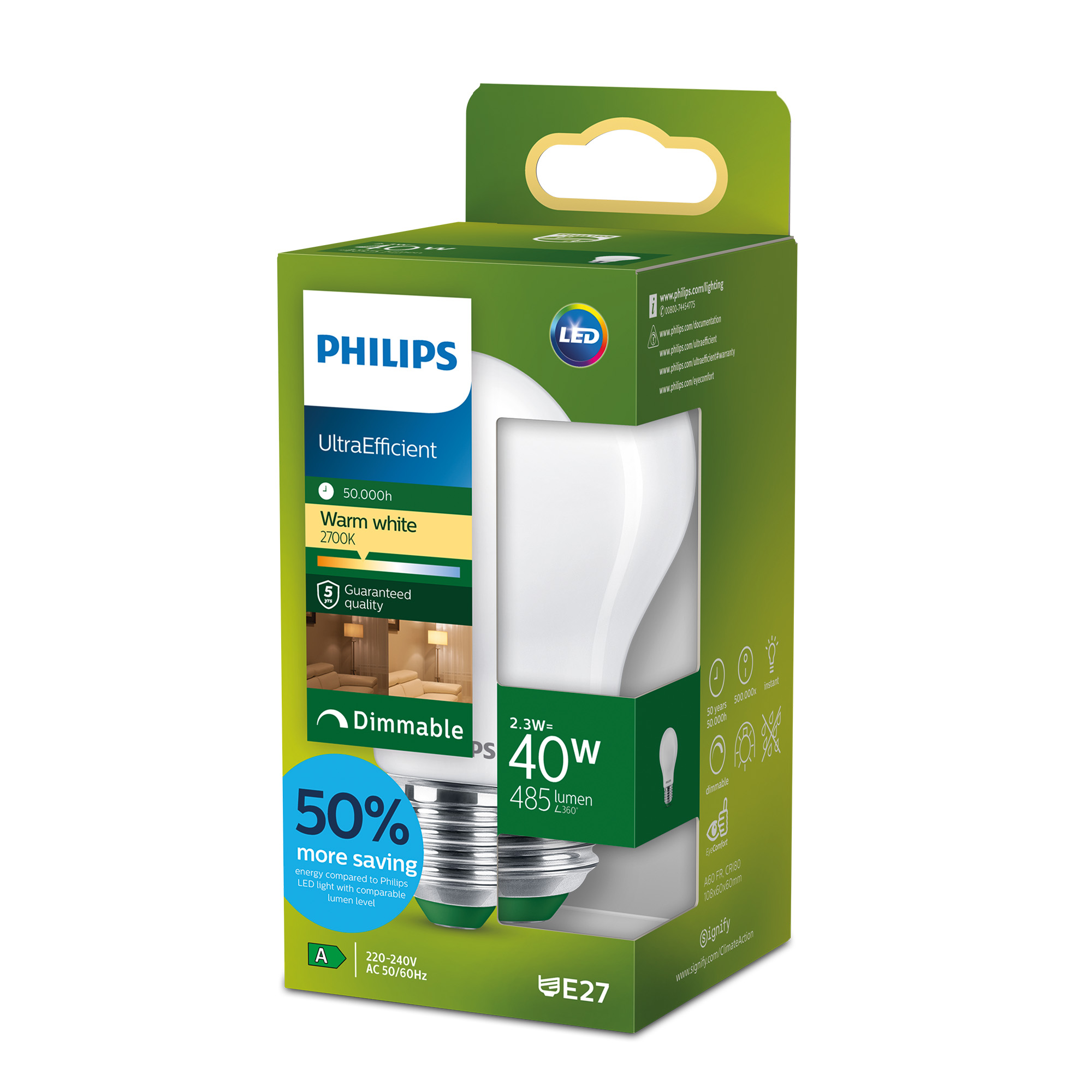 Philips LED-Leuchtmittel dimmbar Standardform matt E27 2,3 W 485 lm warmweiß