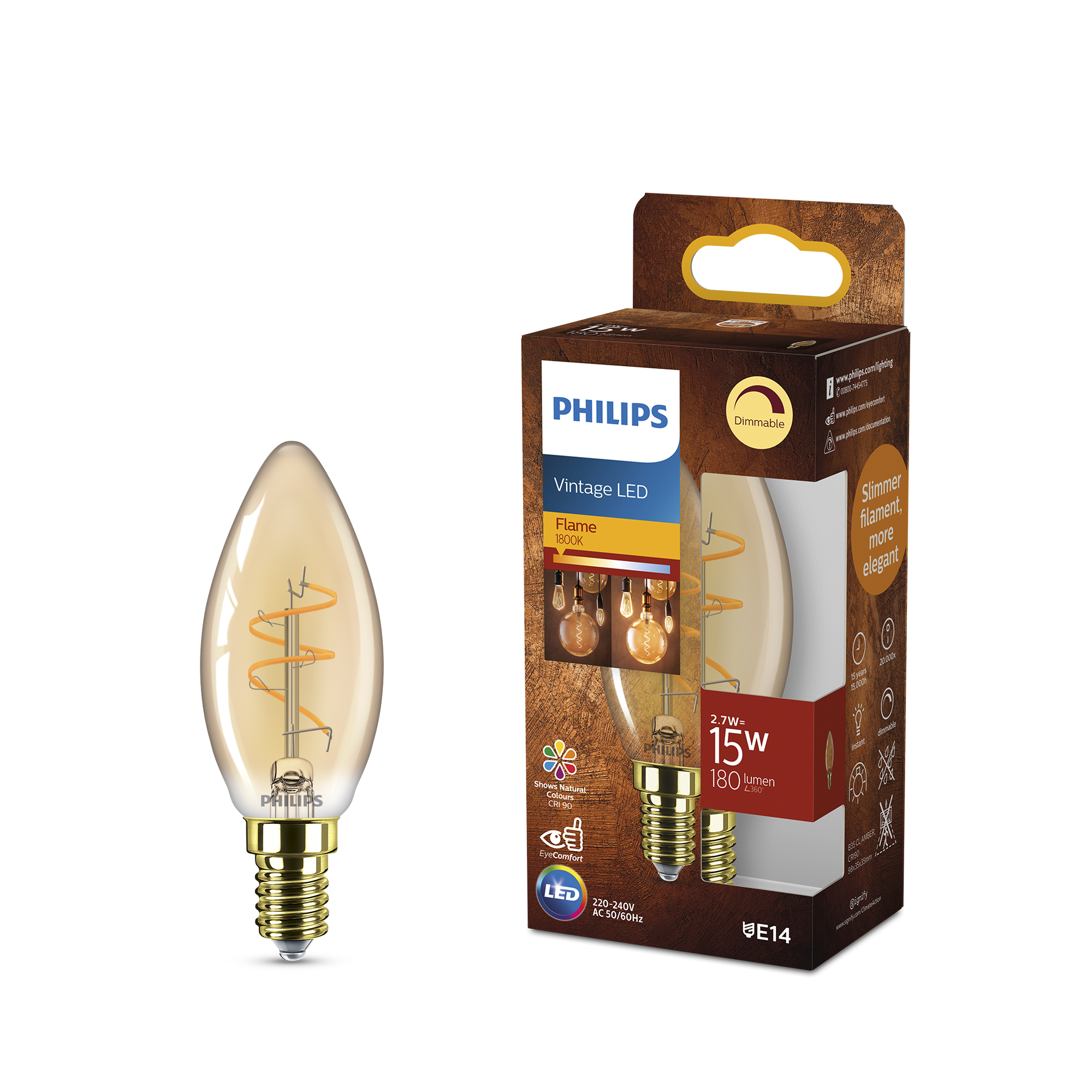 Philips LED-Leuchtmittel 'Vintage LED' dimmbar Kerze gold E14 2,7 W 180 lm warmweiß