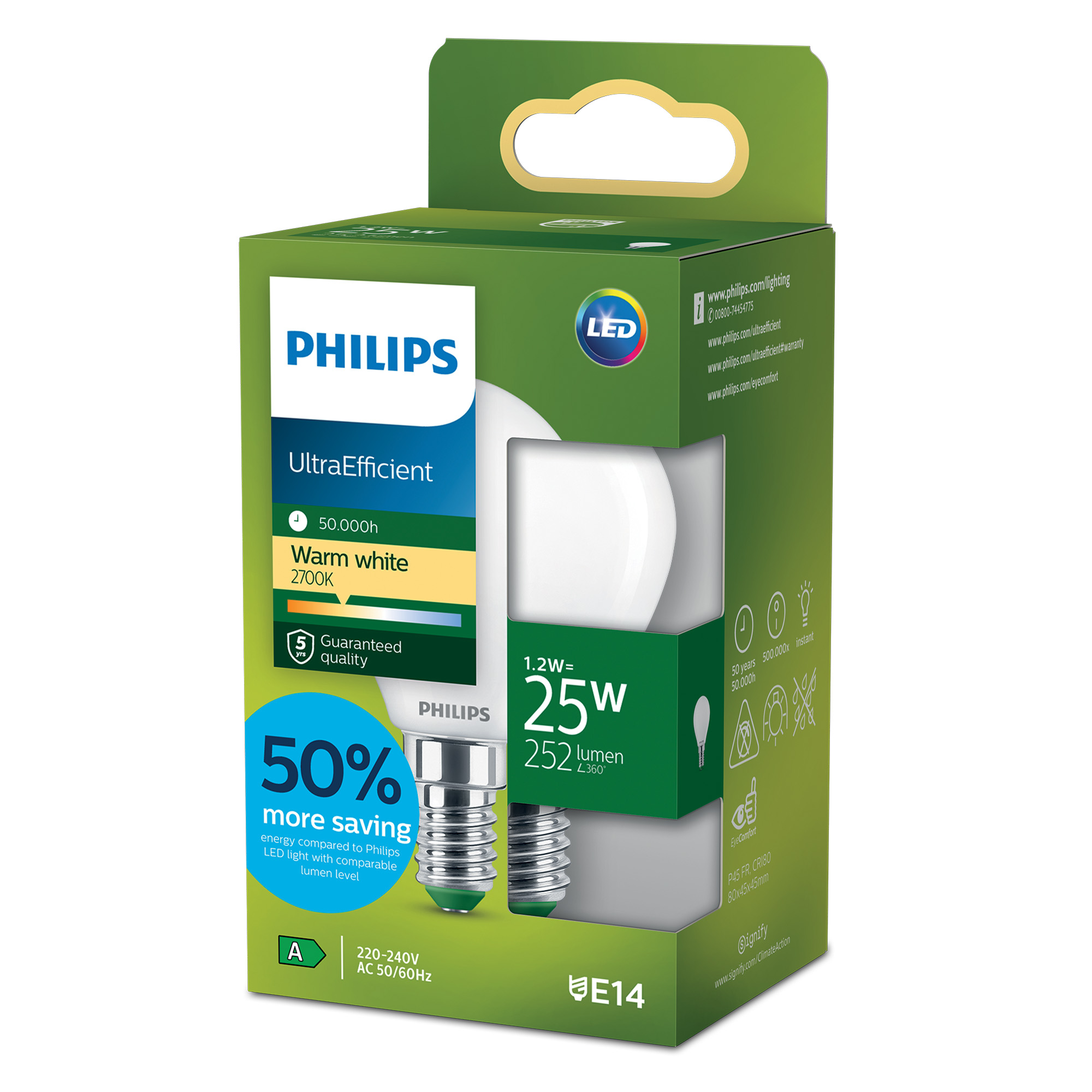 Philips LED-Leuchtmittel Tropfen matt E14 1,2 W 252 lm warmweiß