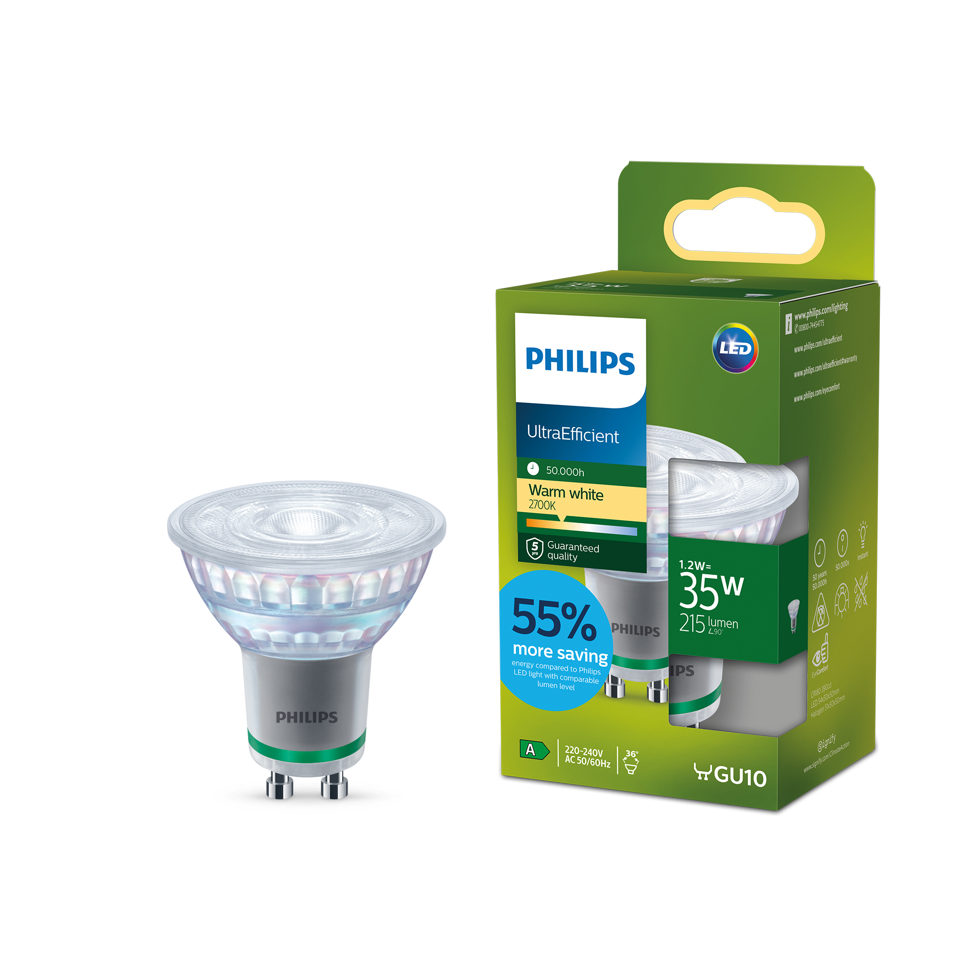 Philips LED-Leuchtmittel Reflektor klar GU10 1,2 W 215 lm warmweiß