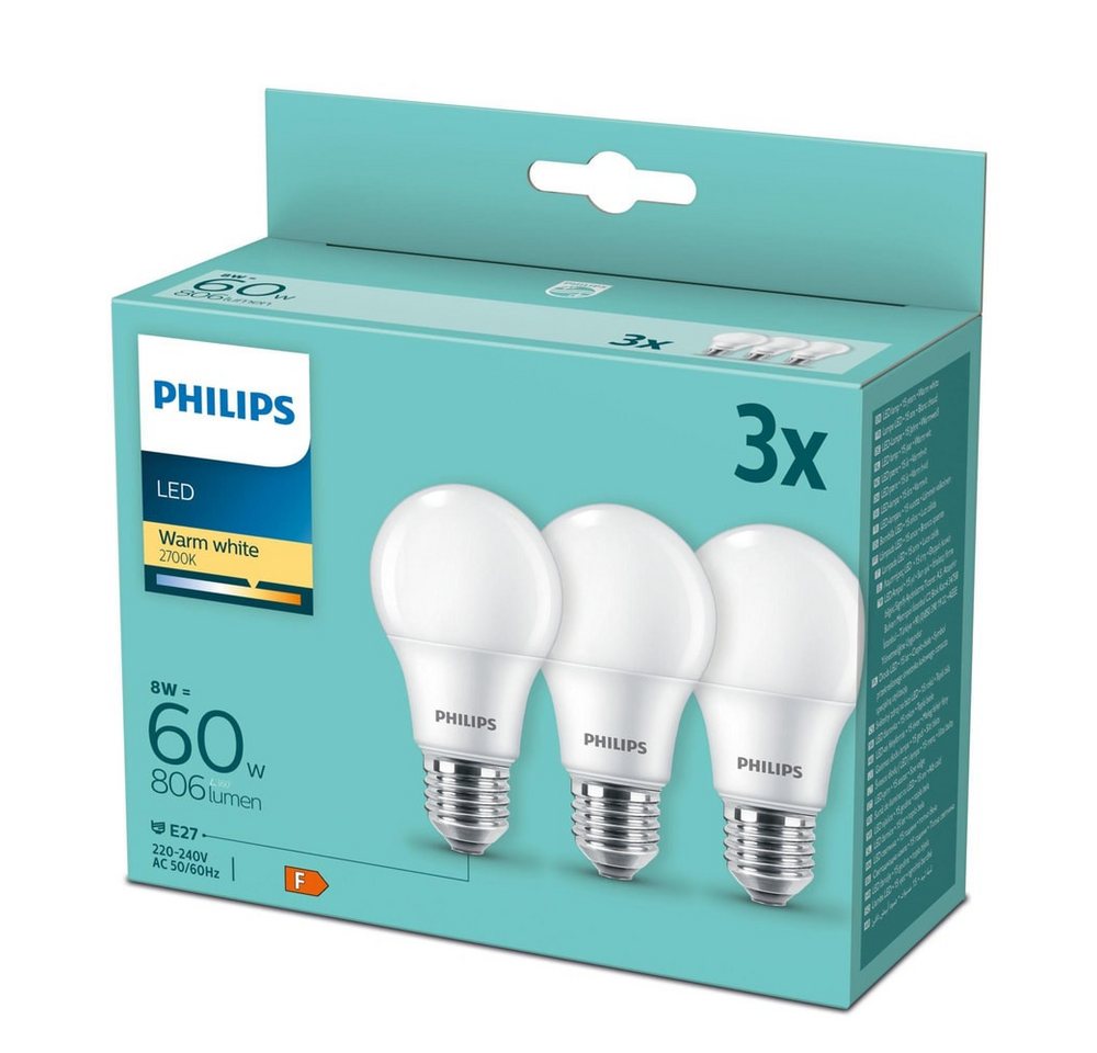 Philips LED-Leuchtmittelset Standardform matt E27 8 W 806 lm warmweiß 3 Stück Bild 2