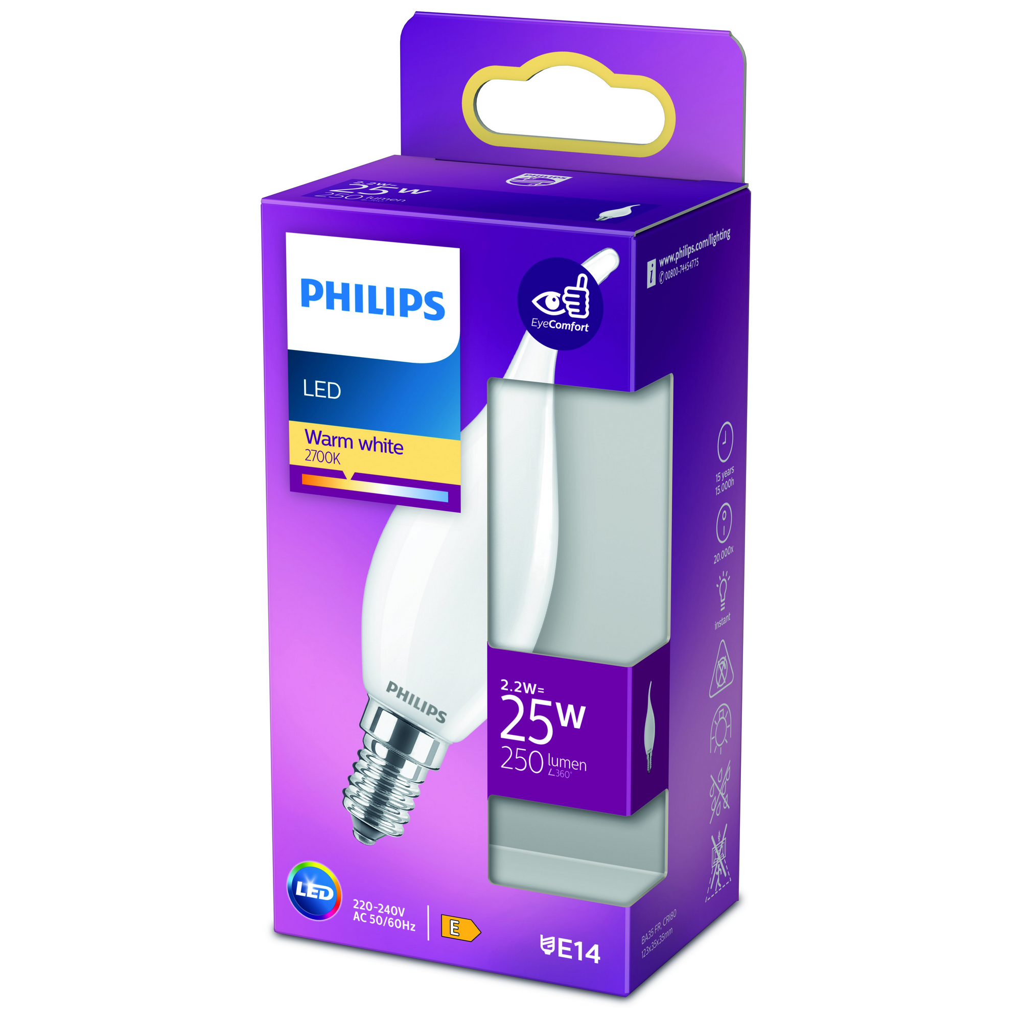 Philips LED-Leuchtmittel Kerze matt E14 2,2 W 250 lm warmweiß Bild 2