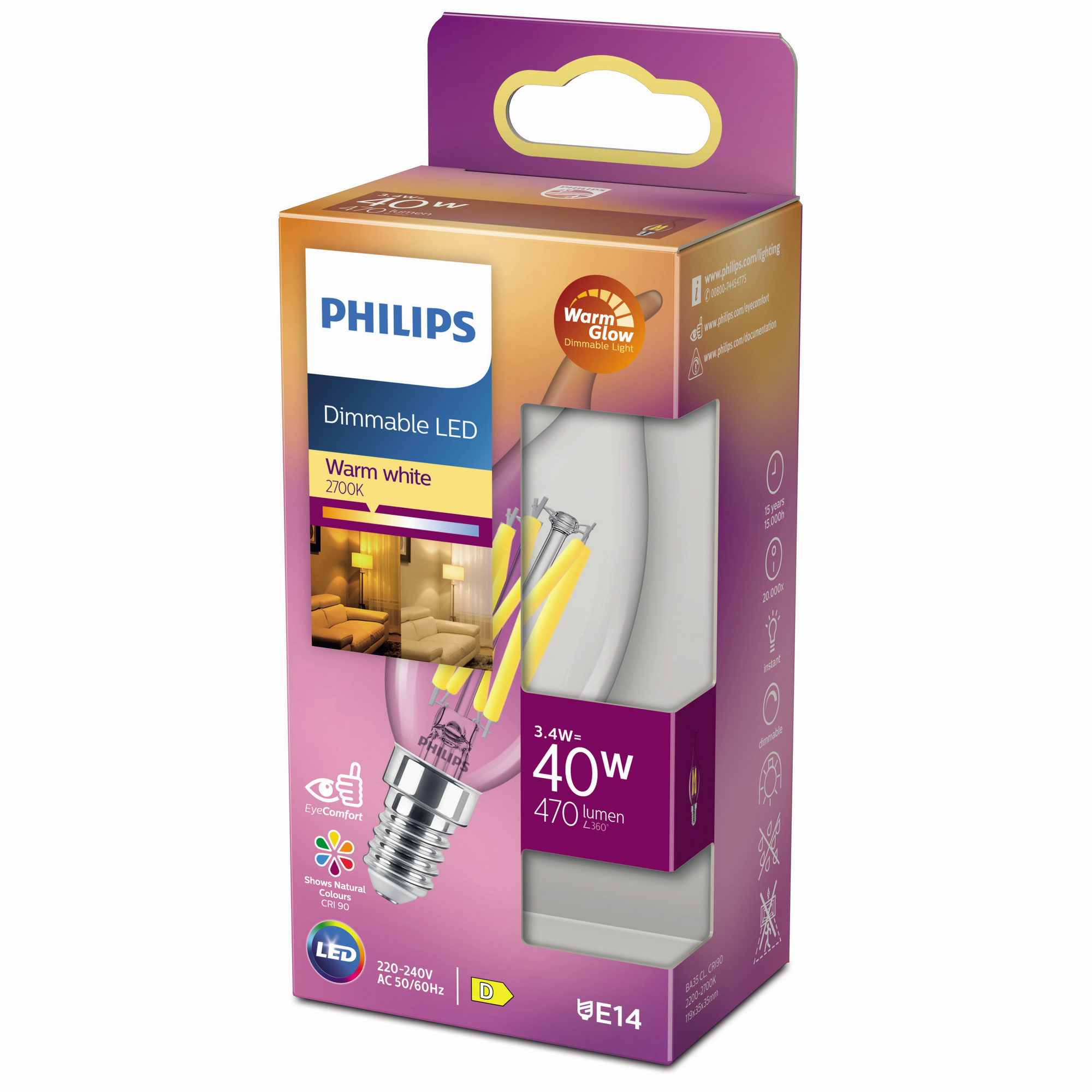 Philips LED-Leuchtmittel dimmbar Kerze klar E14 3,4 W 470 lm warmweiß Bild 2