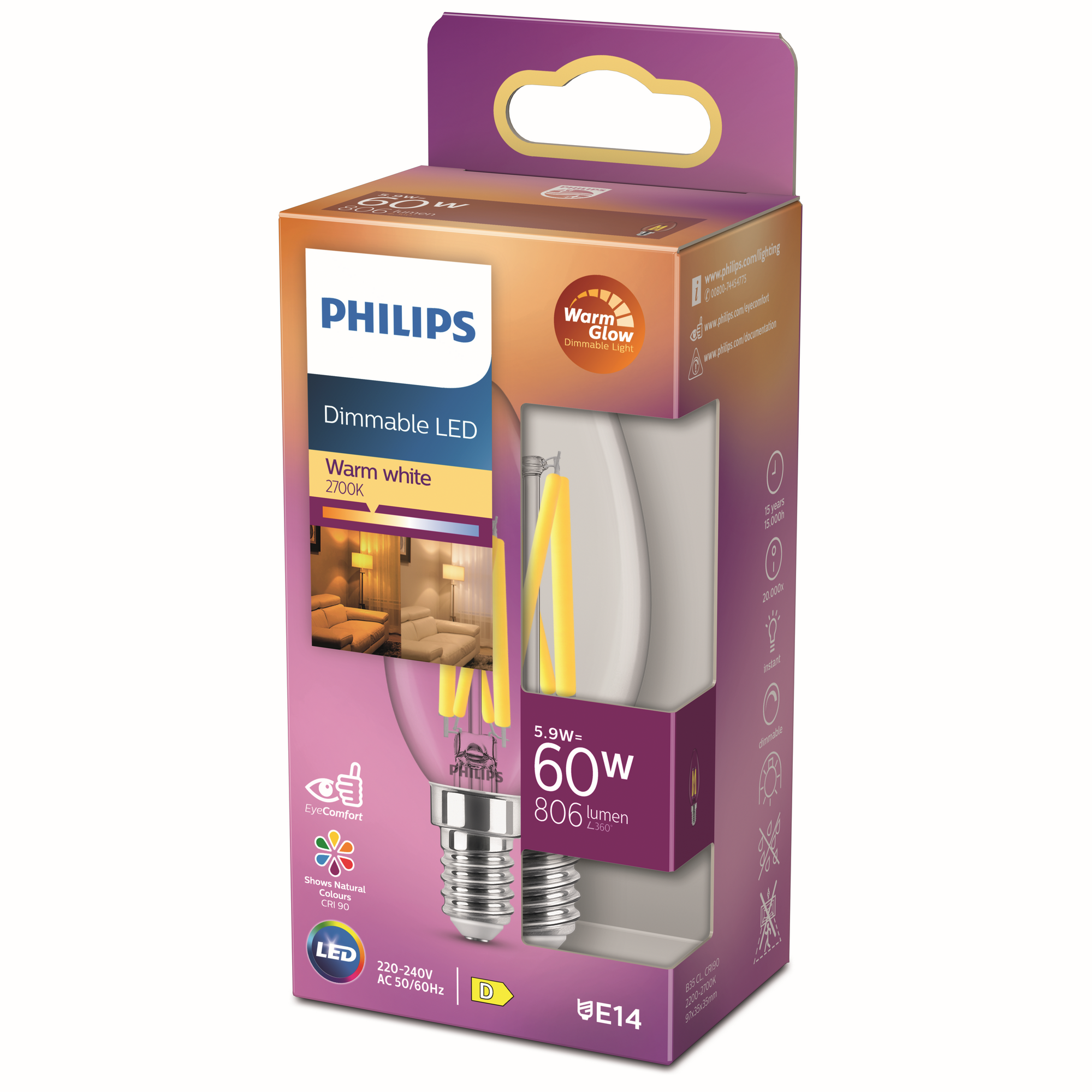 Philips LED-Leuchtmittel dimmbar Kerze klar E14 5,9 W 810 lm warmweiß Bild 2