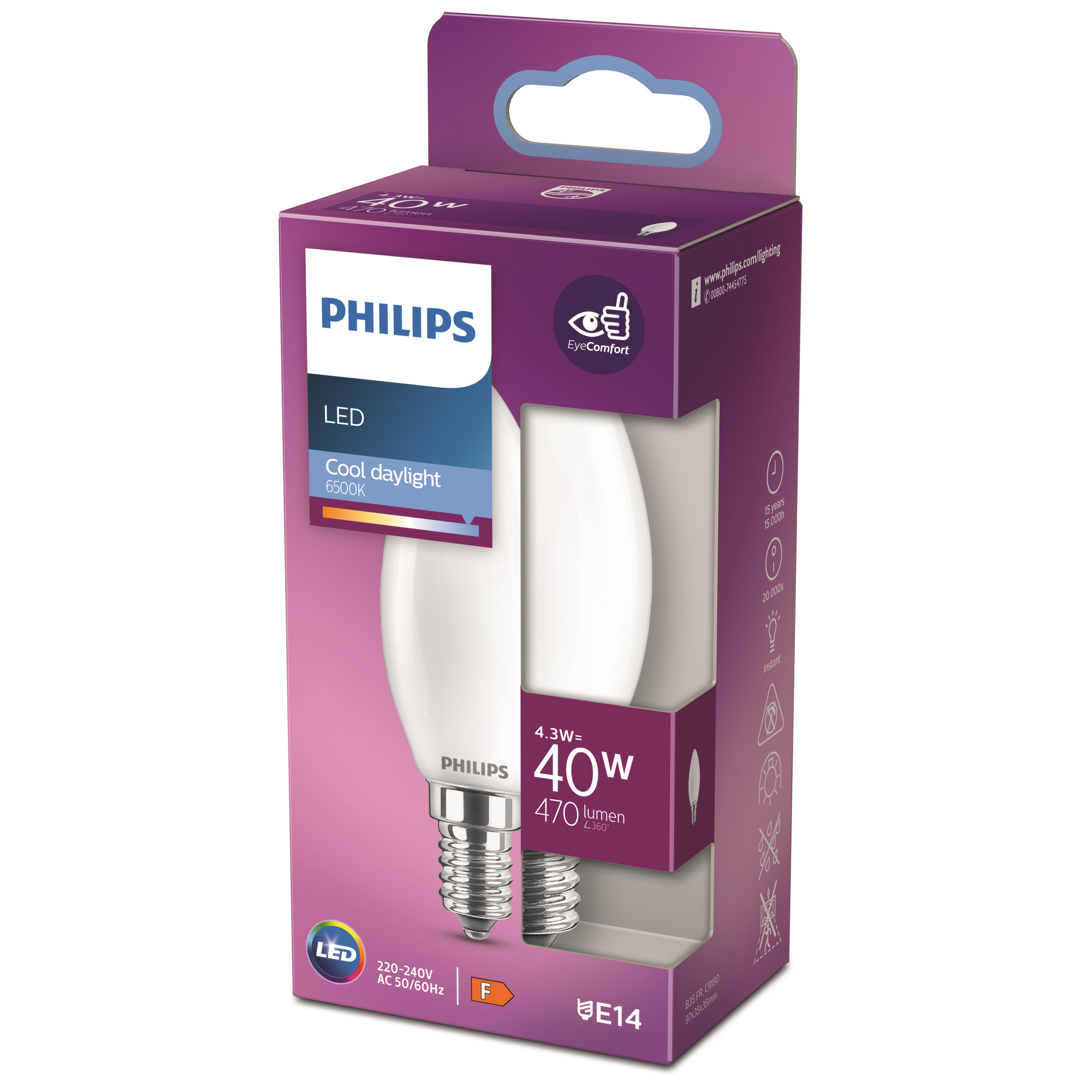 Philips LED-Leuchtmittel 'Classic' Kerze matt E14 4,3 W 470 lm tageslichtweiß Bild 2