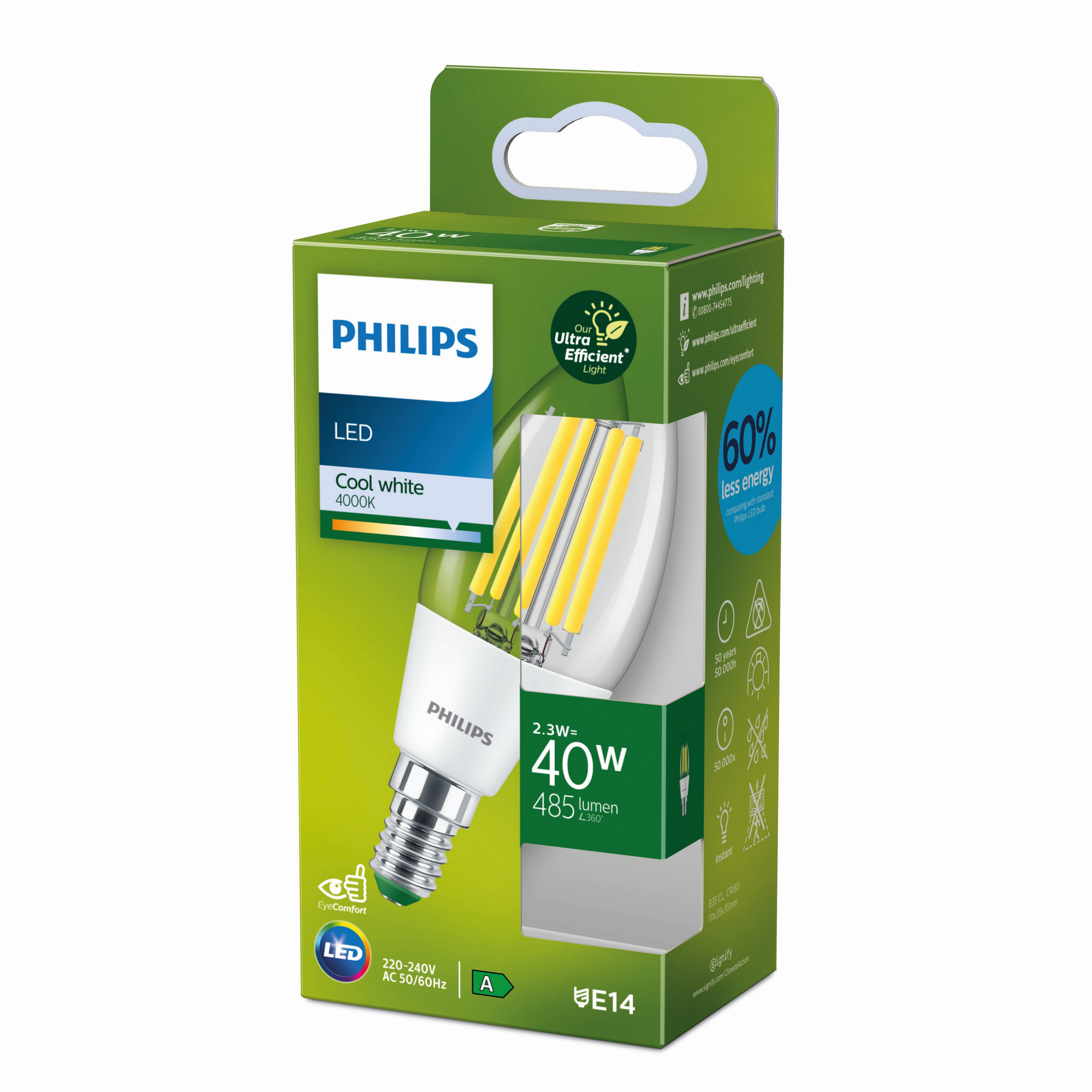 Philips LED-Leuchtmittel 'Classic' Kerze klar E14 2,3 W 470 lm neutralweiß