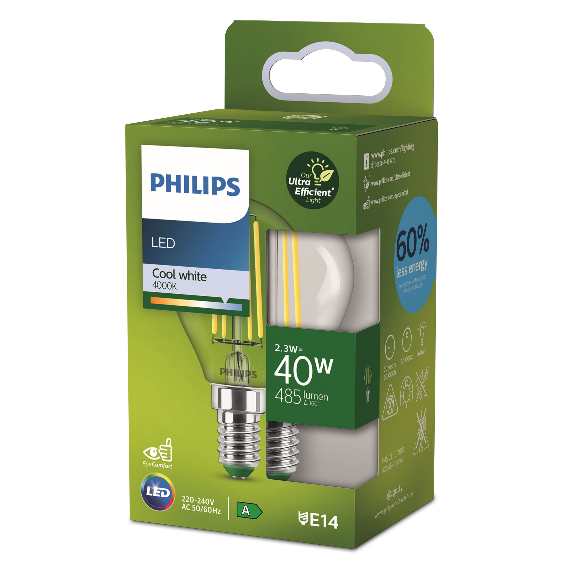 Philips LED-Leuchtmittel 'Classic' Standardform klar E14 40 W 485 lm neutralweiß Bild 2