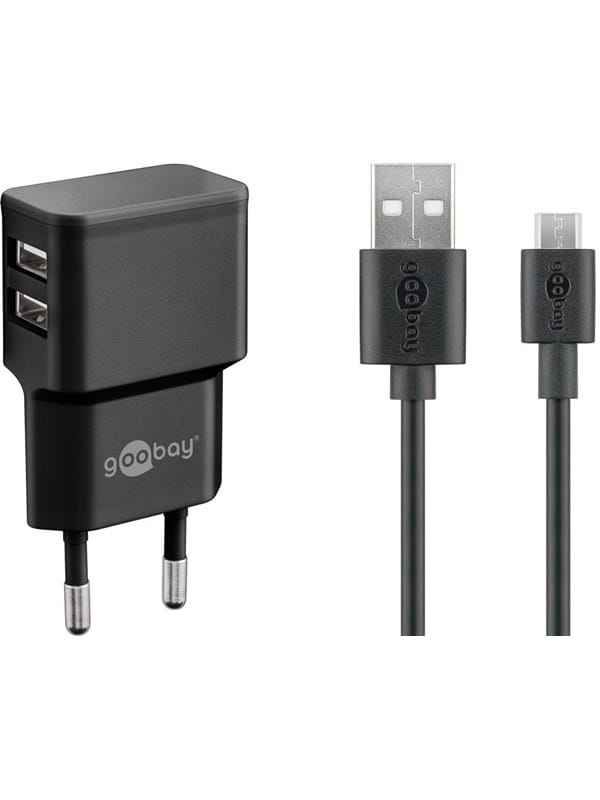 GOOBAY 44984 - USB-Ladegerät, dual, 5 V, 2,4 A, microUSB, schwarz
