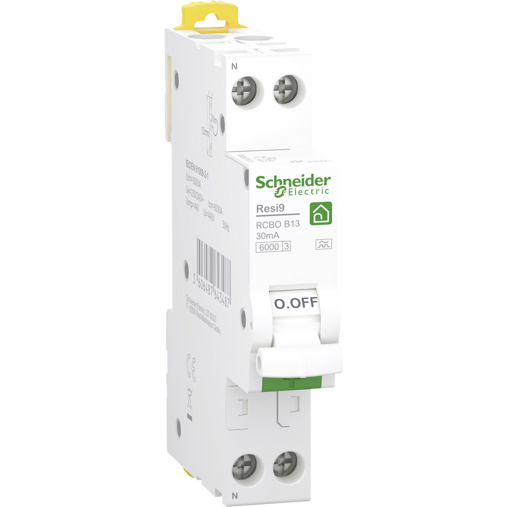 R9DX01613 - FI/LS-Schalter Resi9 1P+N, 1TE (18mm), 13A, B-Cha., 30mA, Typ A