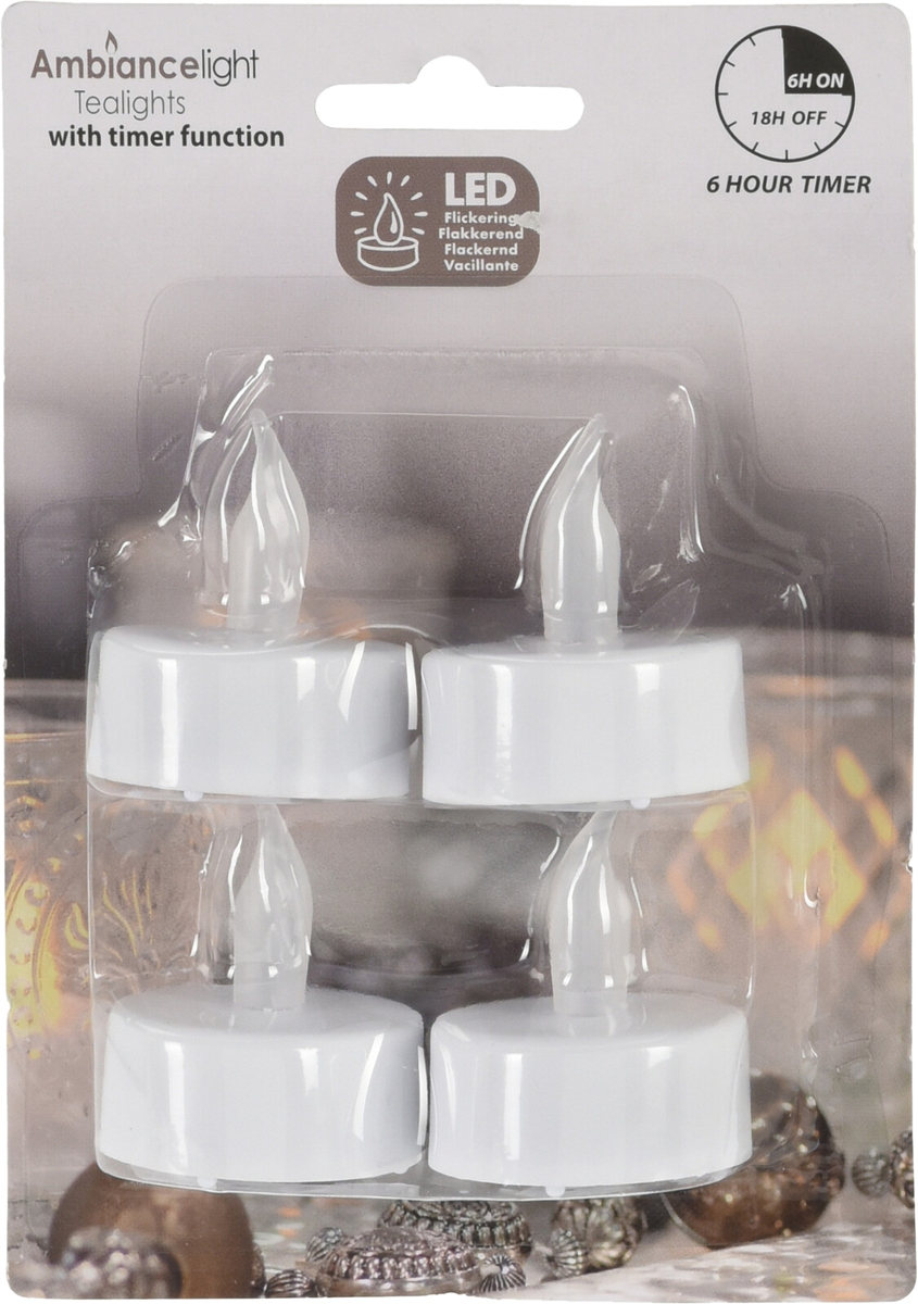 LED-Teelichter 4 St. Inkl. Batterie, mit Timerfunktion, warmweiß