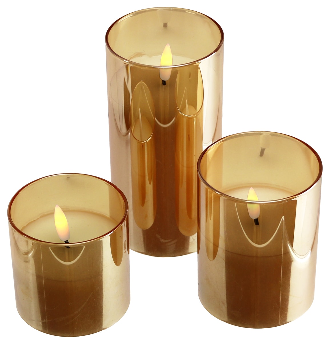 LED-Echtwachskerze, Glas, mit Timer, 3 Stück, gold