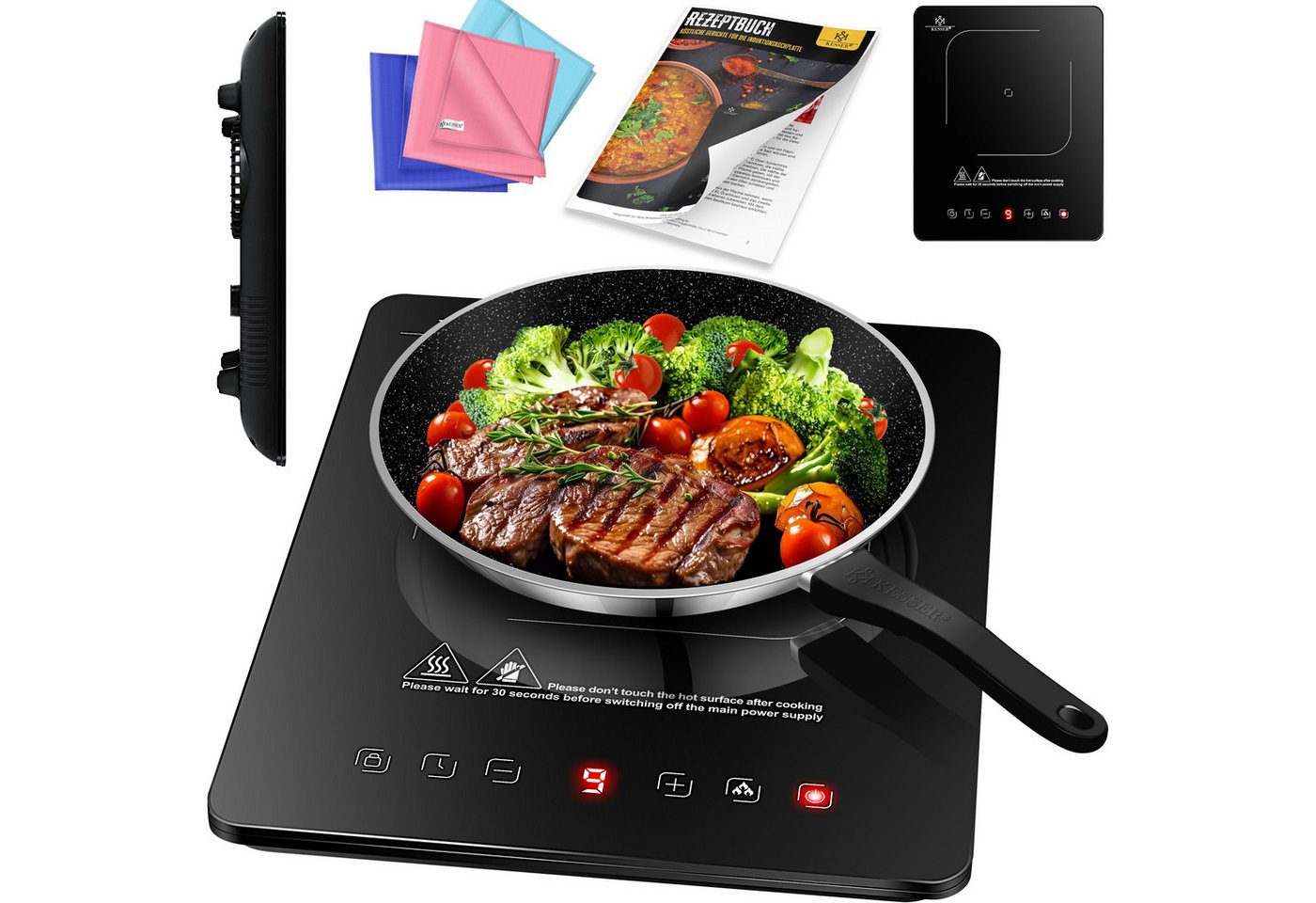 KESSER® Induktionskochplatte Induktionskochfeld Tragbare 28cm Kochplatte + 3x Mikrofasertuch + 1x Rezeptbuch, Heizstufen, Stunden-Timer, Touch-Steuerung, Booster-Funktion 220-240V Bild 2