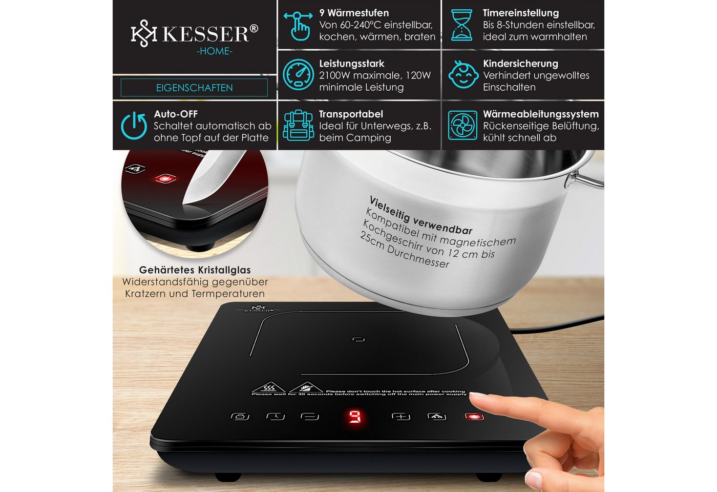 KESSER® Induktionskochplatte Induktionskochfeld Tragbare 28cm Kochplatte + 3x Mikrofasertuch + 1x Rezeptbuch, Heizstufen, Stunden-Timer, Touch-Steuerung, Booster-Funktion 220-240V Bild 3