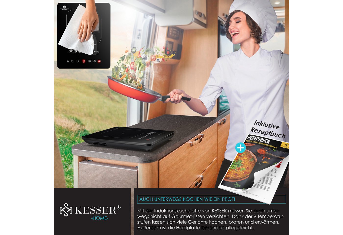 KESSER® Induktionskochplatte Induktionskochfeld Tragbare 28cm Kochplatte + 3x Mikrofasertuch + 1x Rezeptbuch, Heizstufen, Stunden-Timer, Touch-Steuerung, Booster-Funktion 220-240V Bild 5