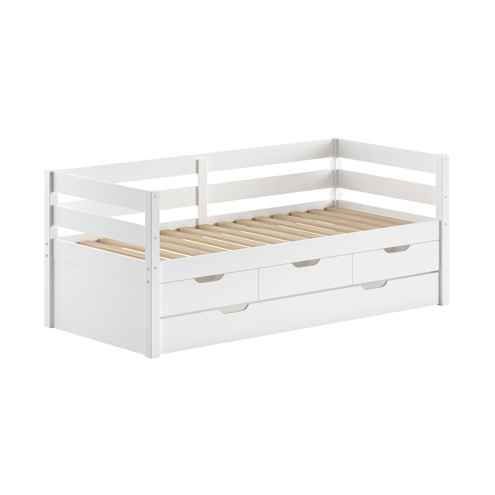 Funktions-Kojen Bett mit Umrandung, 3 Schubladen, Rolllattenrost, Liegefläche 90 x 200, inkl. Bettschublade, Ausf. Weiß lackiert