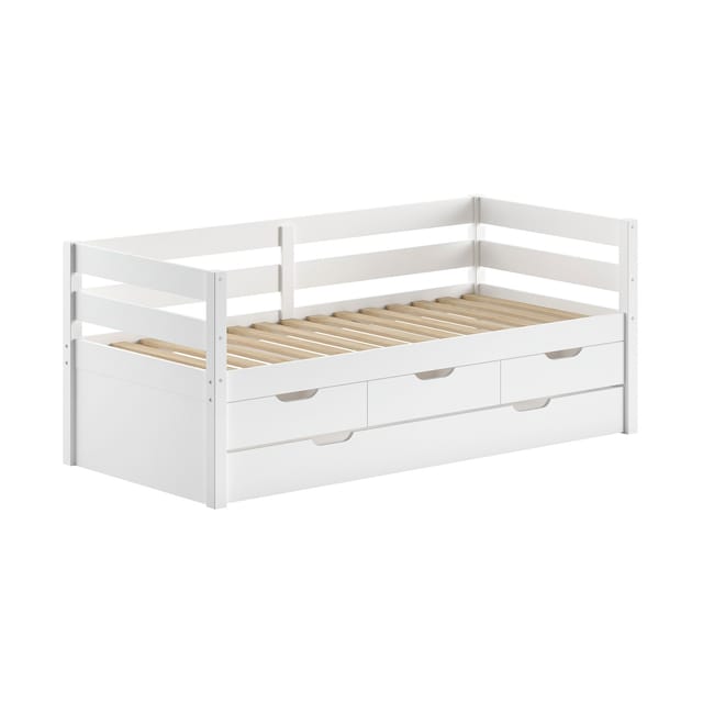 Funktions-Kojen Bett mit Umrandung, 3 Schubladen, Rolllattenrost, Liegefläche 90 x 200, inkl. Bettschublade, Ausf. Weiß lackiert