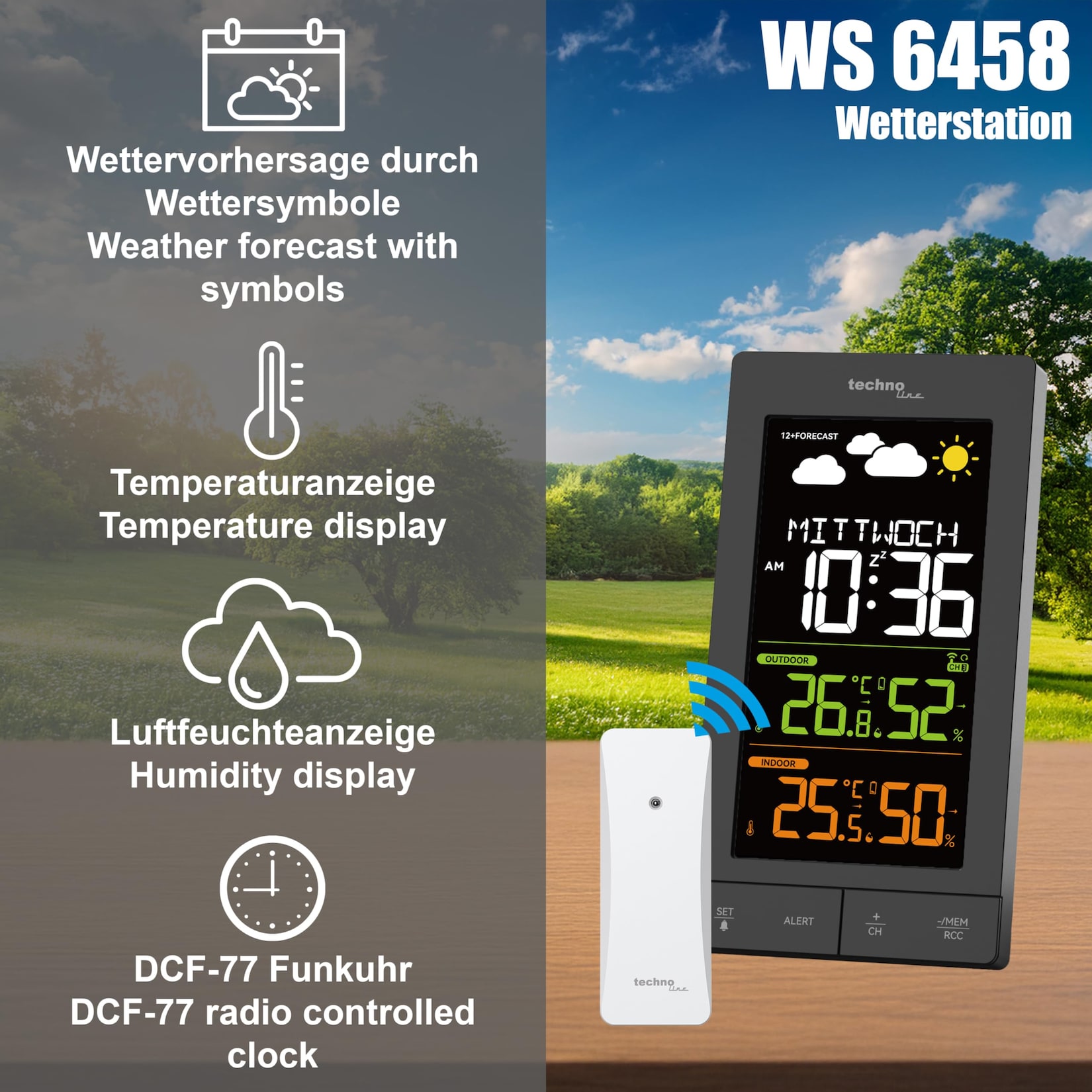 technoline WS 6458 Wetterstation (Wettervorhersage, Innen-/Außentemperatur, Luftfeuchtigkeit)