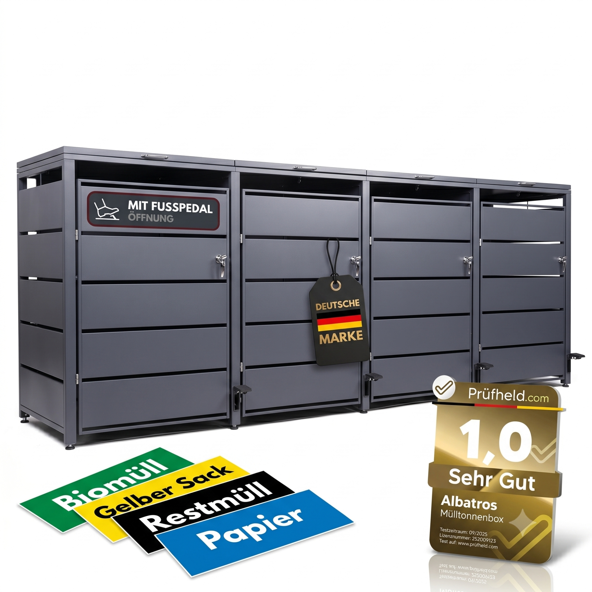 Mülltonnenbox 4er mit Pedal, 120L bis 240L, für Vier Tonnen, Metallverkleidung aus verzinktem Stahl, Anthrazit Grau RAL7016, abschließbar, wetterfest, ISO9227, mit Aufkleber Set