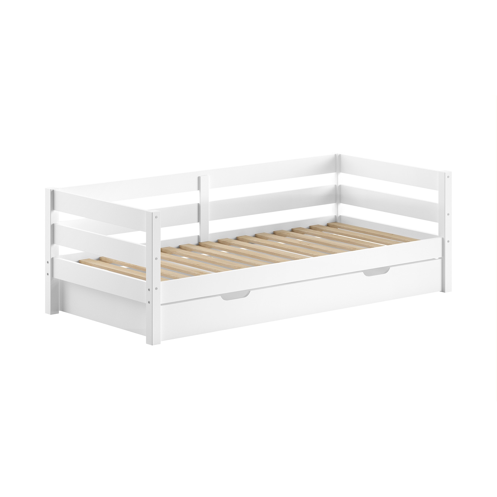 Funktions-Kojen Bett mit Umrandung, Rolllattenrost und Bettschublade, Liegefläche 90 x 200, Ausf. Weiß lackiert