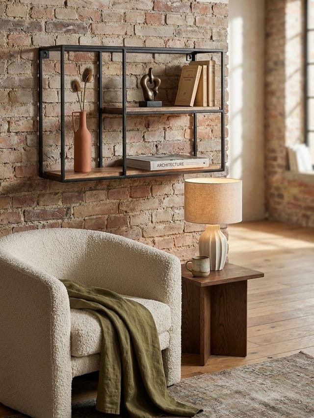 Wandregal Mango Massivholz Metall Industrial Stil 60x40x18 cm Rechteckig