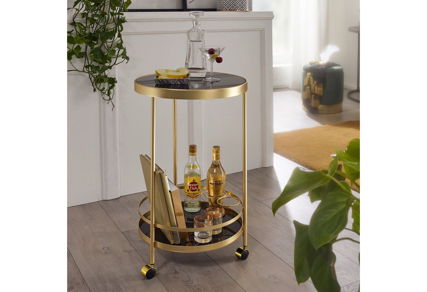 FineBuy Servierwagen Gold Beistelltisch auf Rollen Glas Speisewagen Rund Ø 45 cm