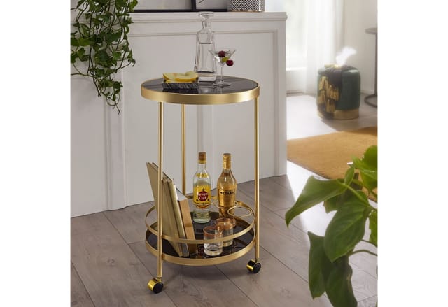 FineBuy Servierwagen Gold Beistelltisch auf Rollen Glas Speisewagen Rund Ø 45 cm