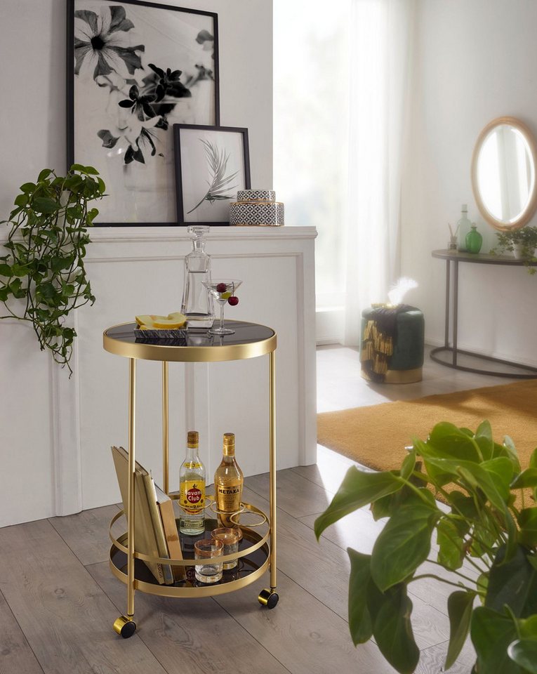 FineBuy Servierwagen Gold Beistelltisch auf Rollen Glas Speisewagen Rund Ø 45 cm Bild 3