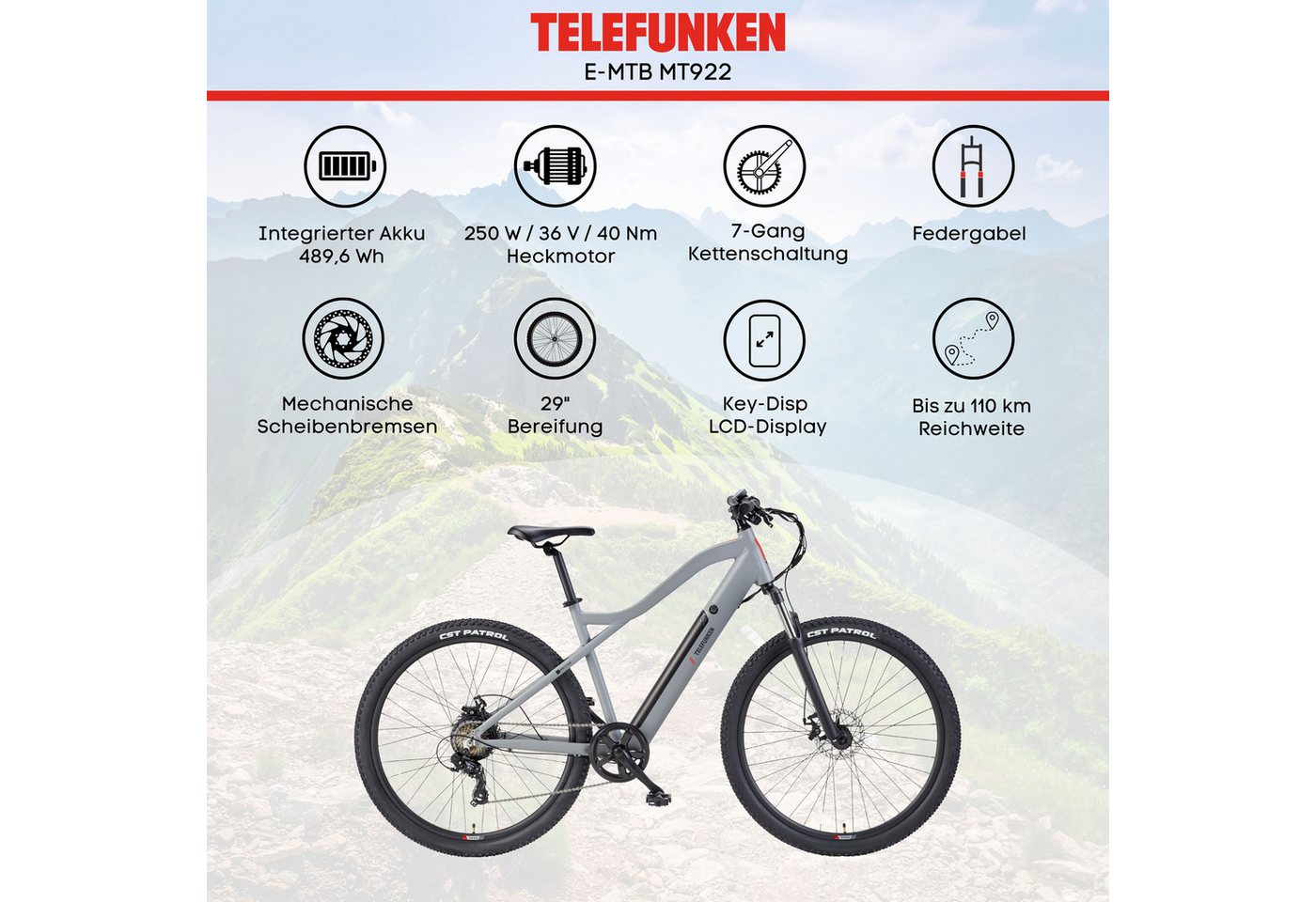 TELEFUNKEN MT922 E-MTB Mountainbike, 7-Gang Kettenschaltung, Heckmotor, 489,6 Wh Akku, 29" aluminiumgrau Bild 4