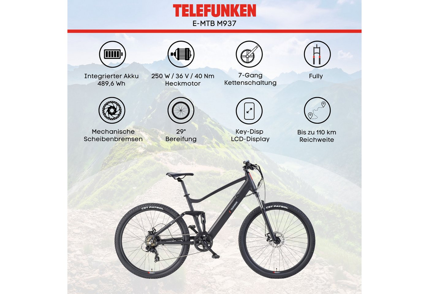 TELEFUNKEN M937 E-MTB Mountainbike Fully, 7-Gang Kettenschaltung, Heckmotor, 489,6 Wh Akku, 29" schwarz Bild 5