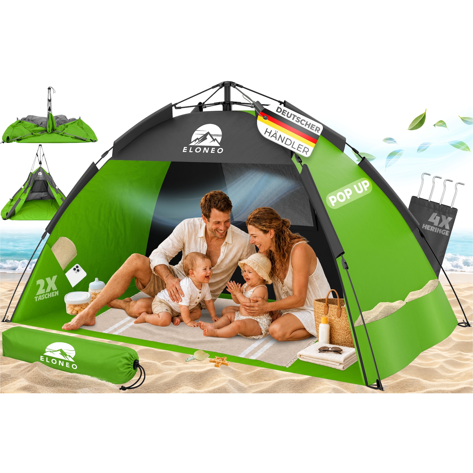 ELONEO Pop Up Strandmuschel UV Schutz 80+, Leichter Aufbau und kleines Packmaß inkl. Tragetasche, Strand Sonnenschutz & Windschutz für Babys und Erwachsene, Grün, 190x100x110 cm