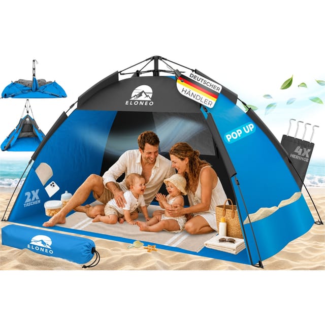 ELONEO Pop Up Strandmuschel UV Schutz 80+, Leichter Aufbau und kleines Packmaß inkl. Tragetasche, Strand Sonnenschutz & Windschutz für Babys und Erwachsene, Blau, 190x100x110 cm