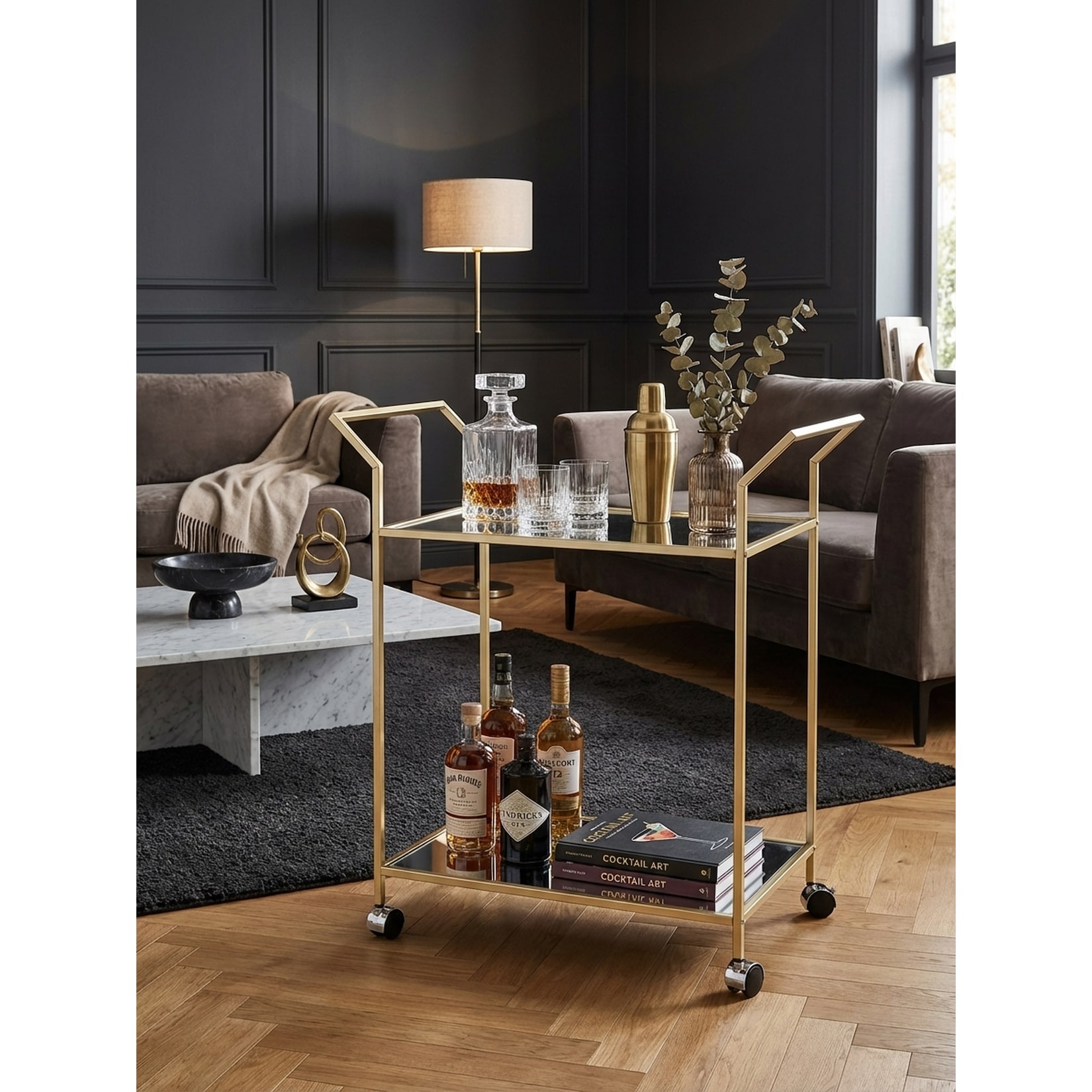 Servierwagen – Gold, 73x78x37 cm, Glasplatte, auf Rollen