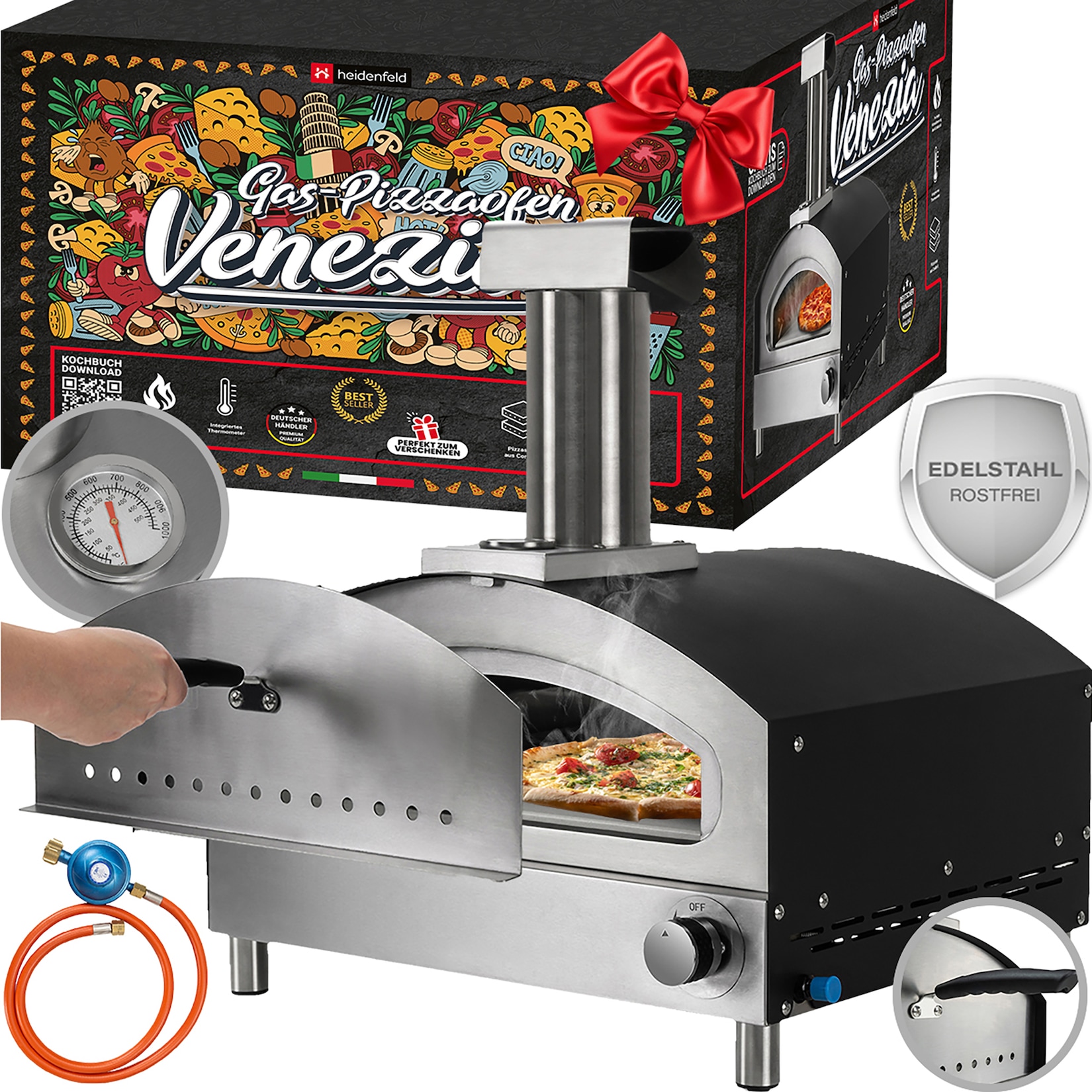 Heidenfeld Outdoor Gas-Pizzaofen Venezia, 500°, Pizzastein, Edelstahl, Schlot mit Regenschutz