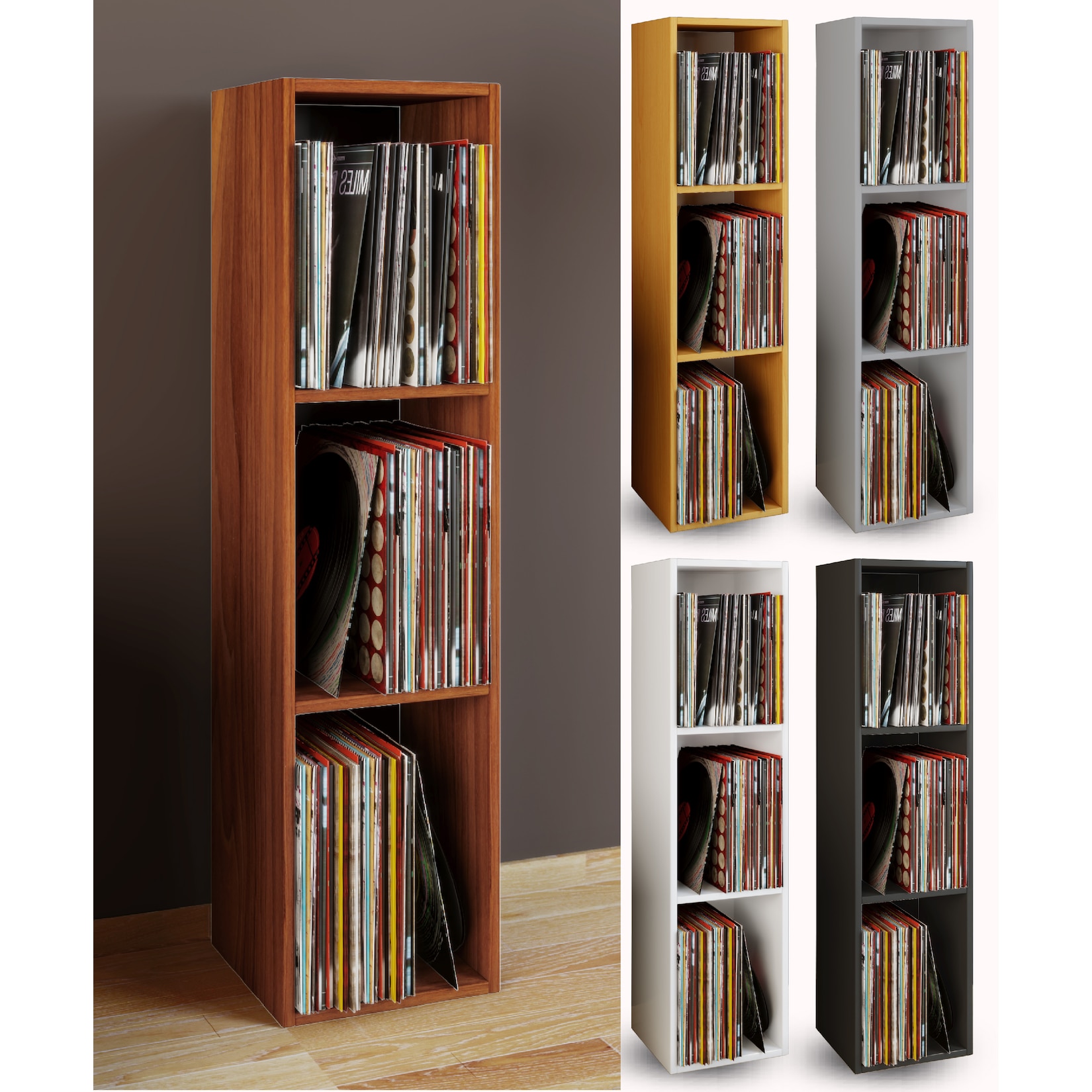 VCM Holz Schallplatten Regal Stand Regal mit 3 Fächer für 100 Schallplatten Maße: H. 107 x B. 34 x T. 30 cm - Platto