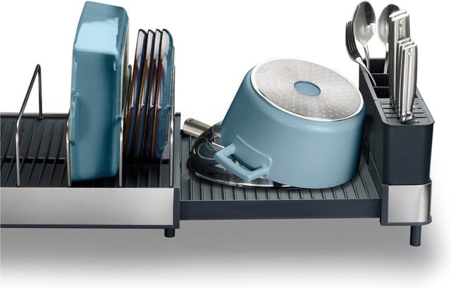 Joseph Joseph Extend Max Steel Erweiterbares Abtropfgestell mit Abnehmbarem Besteckhalter