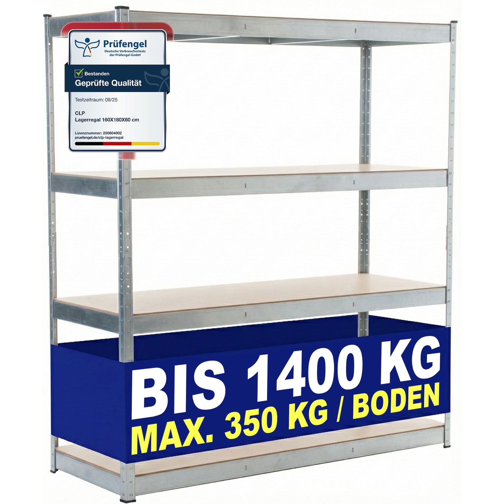 CLP Schwerlastregal 60 cm tief 160 cm breit, Steckregal Metall für Keller und Garage, Lagerregal bis 2400 kg mit 4 MDF-Platten bis je 600 kg