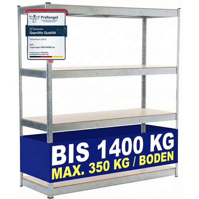 CLP Schwerlastregal 60 cm tief 160 cm breit, Steckregal Metall für Keller und Garage, Lagerregal bis 2400 kg mit 4 MDF-Platten bis je 600 kg