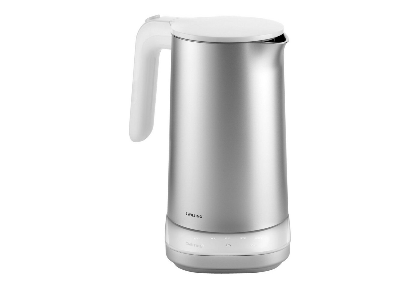 ZWILLING 1027166 Enfinigy Wasserkocher (1 Liter, 1.850 Watt, Kunststoff/Edelstahl, Silber, 6 Temperatureinstellungen, Warmhalten, 360°-Basisstation, Sensor-Touch-Display, Doppelwandgehäuse, 70-Grad-Öffnung)