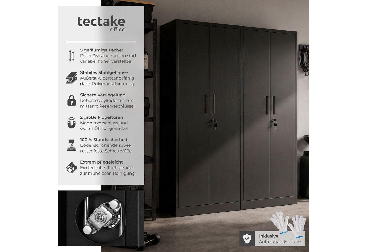 tectake® Aktenschrank, 60 x 40 x 180,5 cm, 4 verstellbare Zwischenböden, pulverbeschichteter Stahl, Kippschutz, höhenverstellbare Füße