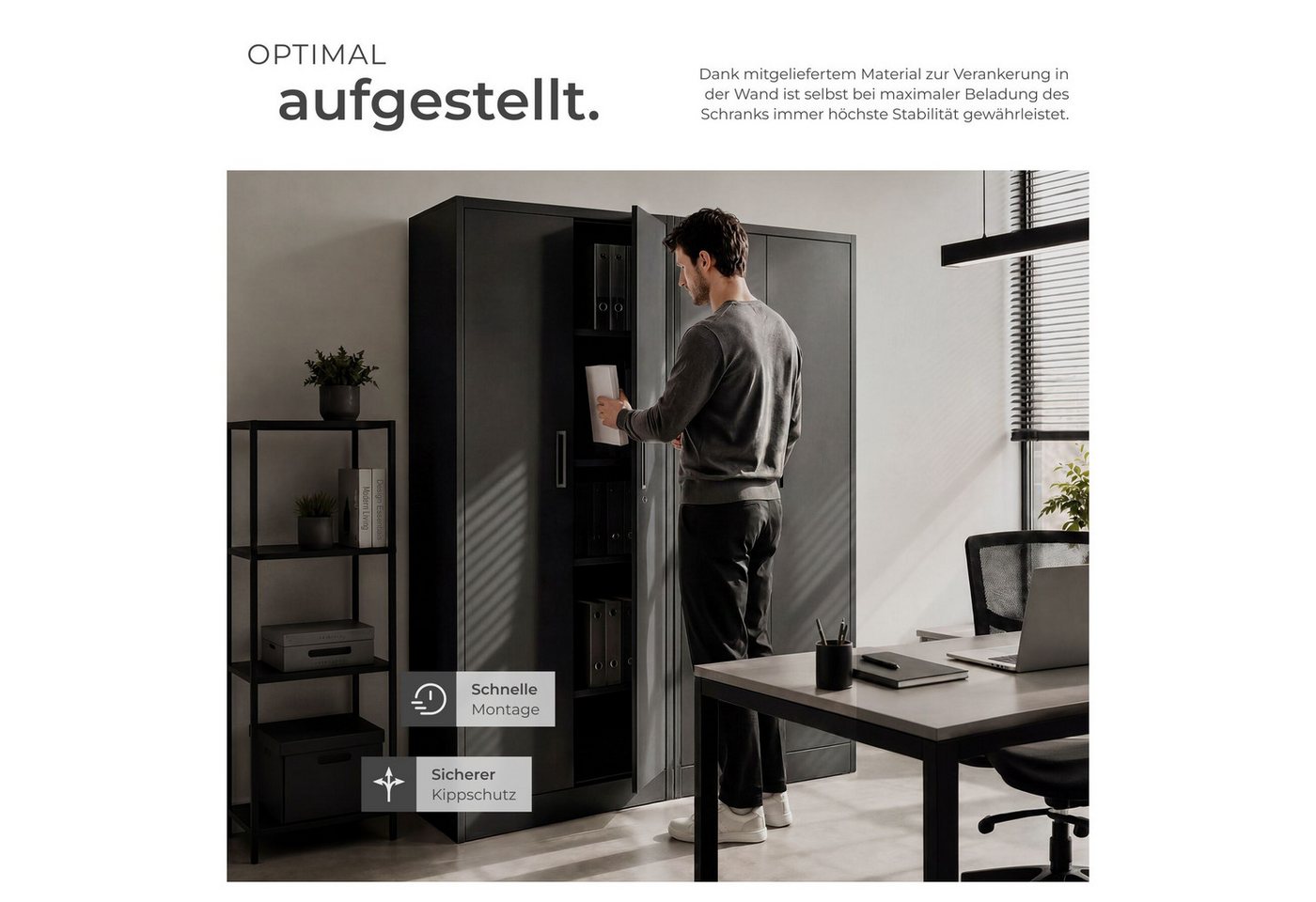 tectake® Aktenschrank, 60 x 40 x 180,5 cm, 4 verstellbare Zwischenböden, pulverbeschichteter Stahl, Kippschutz, höhenverstellbare Füße Bild 3
